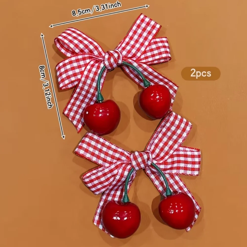 2pc Red & White Gingham Bow Hairclips With Ripe Red Cherries (OS)  🎀🍒🎀🍒